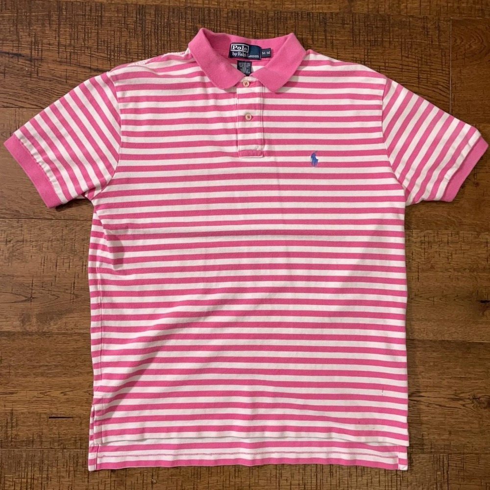 Polo Ralph Lauren Polo Shirt Mens M Pink Preppy Striped Short Sleeve Vintage